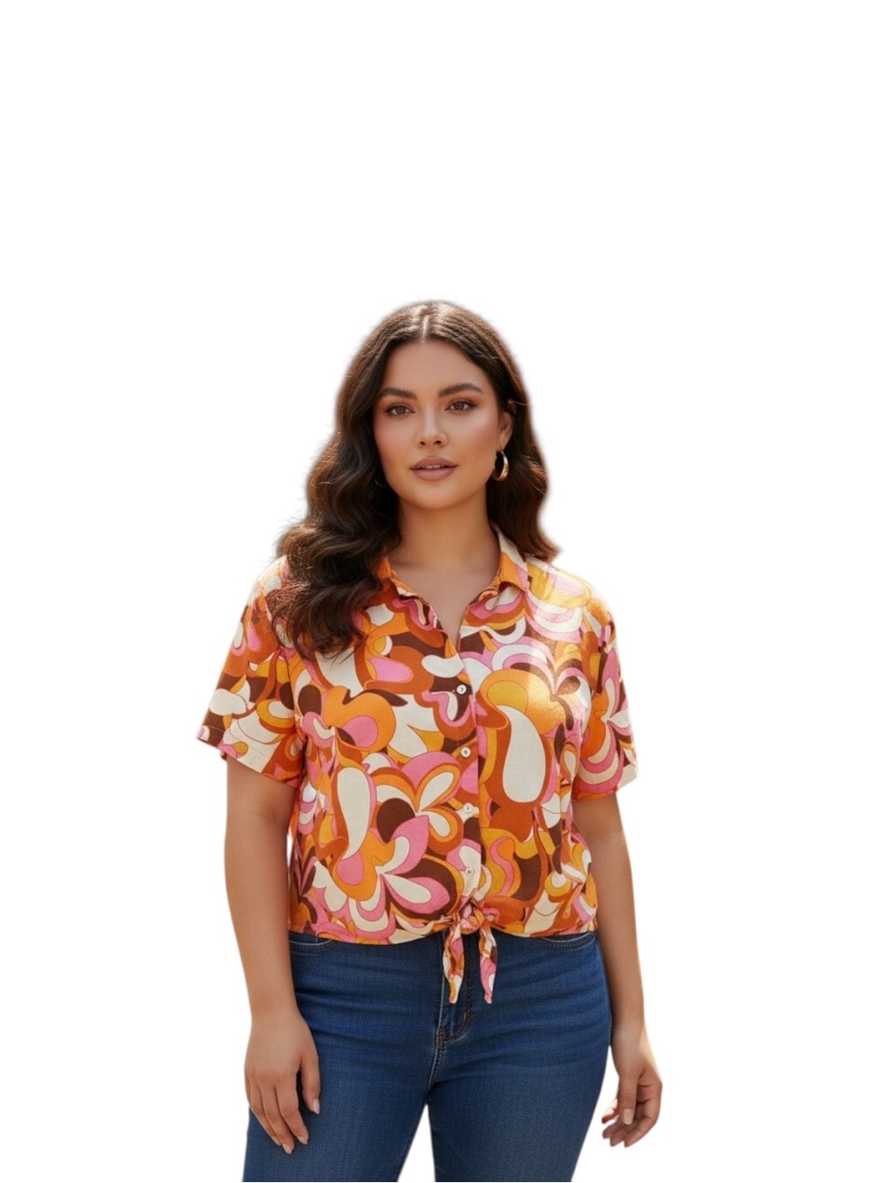 Ava & Viv Plus Size Orange and Pink Retro Tie-Front Button-Down Shirt 2X Linen